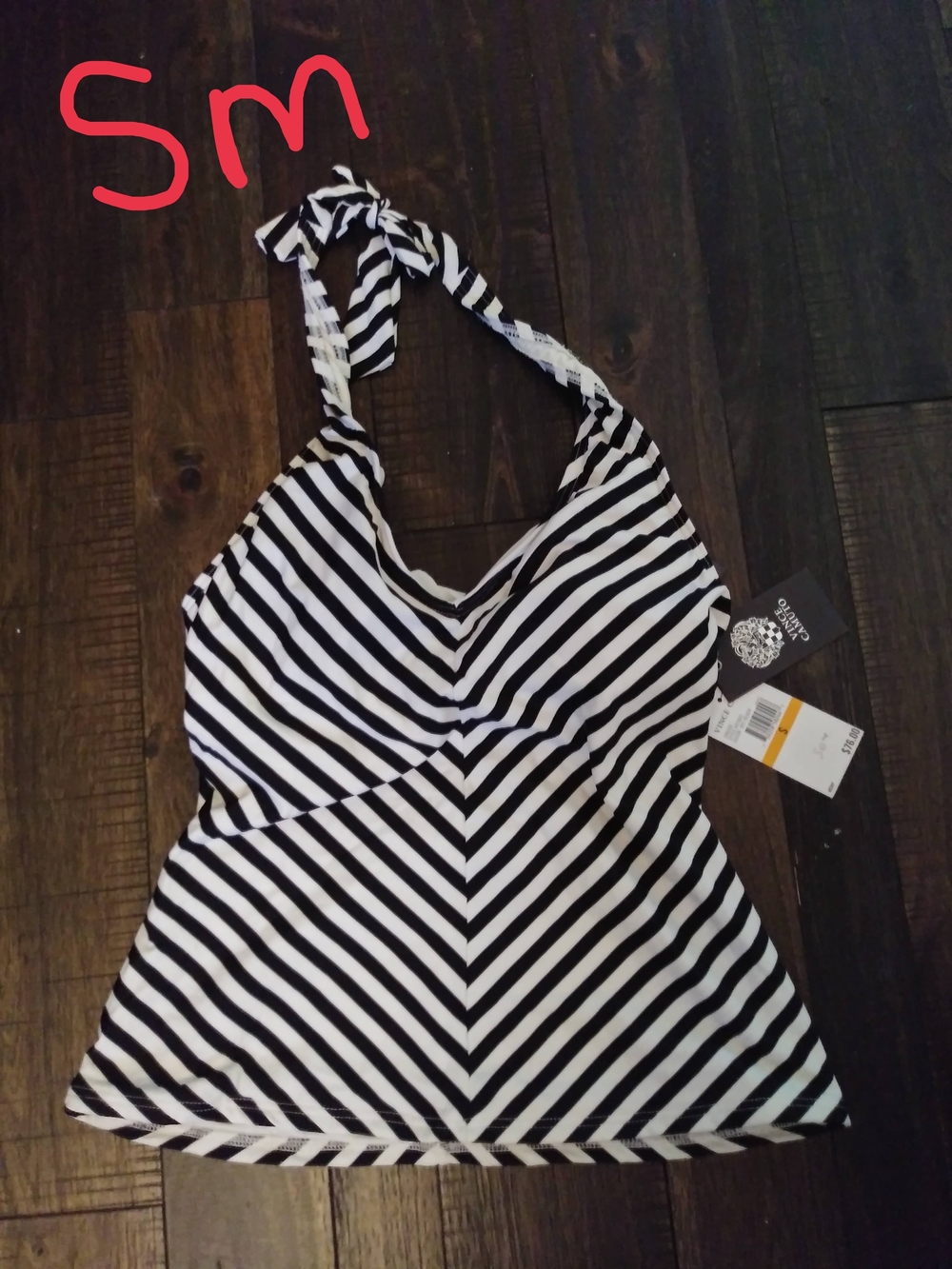 Vince Camuto Black & White Striped Halter Bikini Top